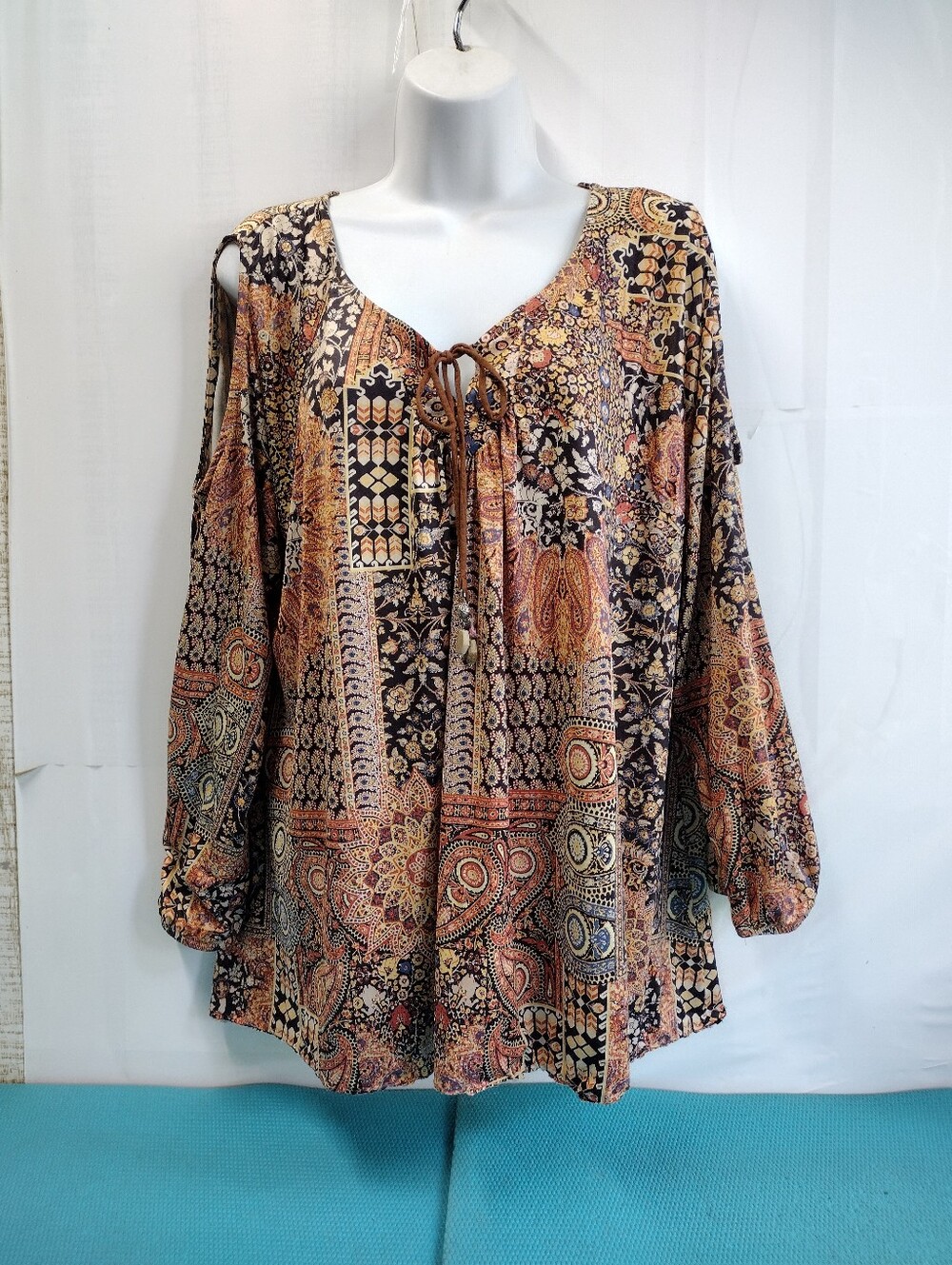 Style & Co.  Paisley Tie-Front Peasant Tunic Cold Shoulder XL